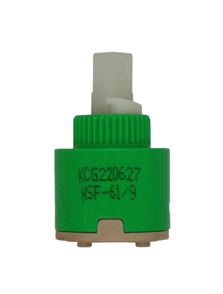 Lime green plastic cartridge with white limit stop and white square handle connection with tan bottom an white rubber seal.