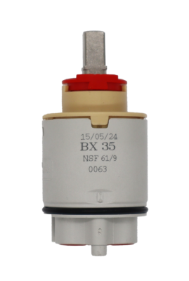 Grey plastic cartridge with tan top red limit stop square metal handle connection black rubber o-ring and red rubber seals.