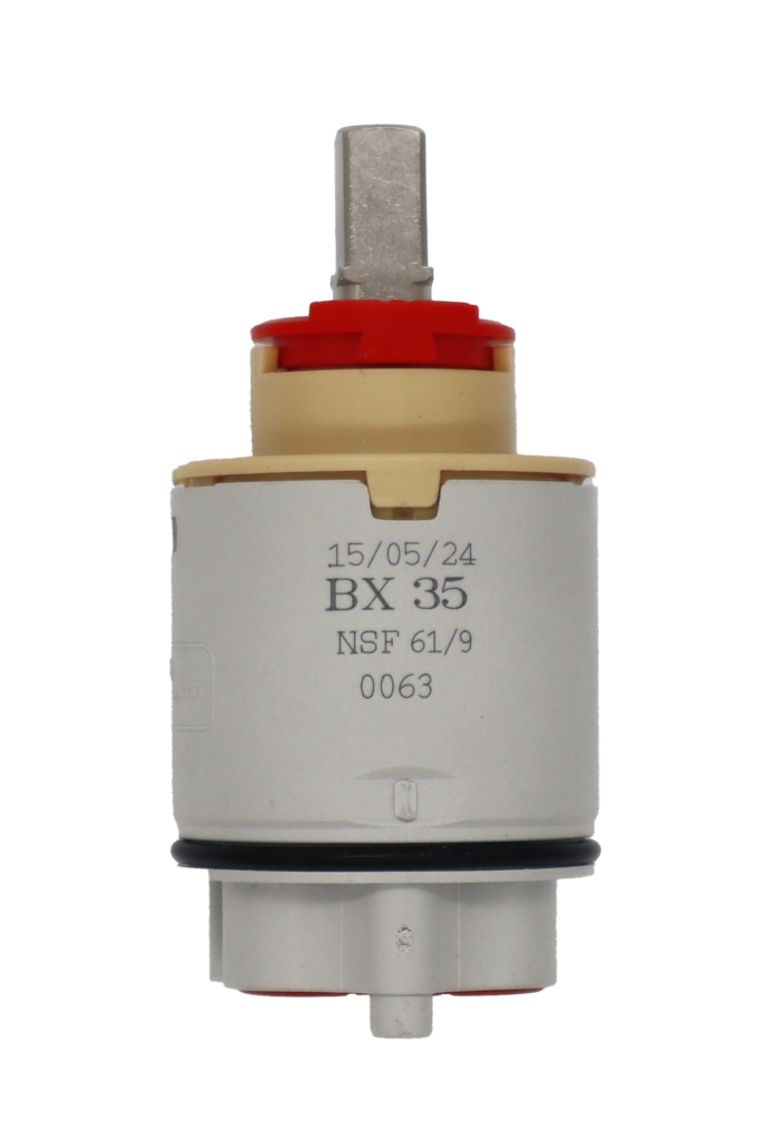 Grey plastic cartridge with tan top red limit stop square metal handle connection black rubber o-ring and red rubber seals.