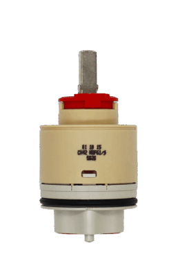 Tan and grey plastic cartridge with red limit stop square metal handle connection black rubber o-ring and red rubber bottom seals.