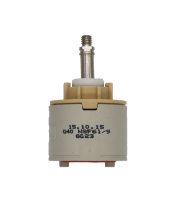 Grey and tan plastic cartridge with white limit stop metal screw type handle connection and red rubber bottom seals.