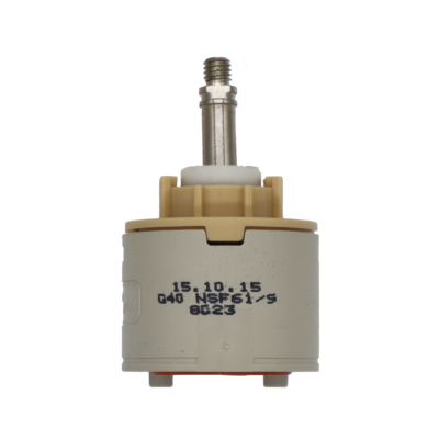 Grey and tan plastic cartridge with white limit stop metal screw type handle connection and red rubber bottom seals.