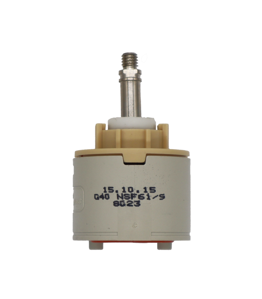 Grey and tan plastic cartridge with white limit stop metal screw type handle connection and red rubber bottom seals.