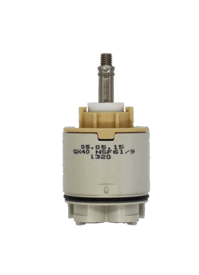 Grey and tan plastic cartridge with white limit stop metal screw type handle connection black rubber washer and black rubber bottom seals.