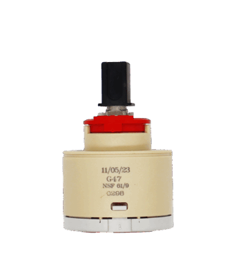 Tan and grey plastic cartridgw with red limit stop black plastic handle adapter metal stem and red rubber seal.