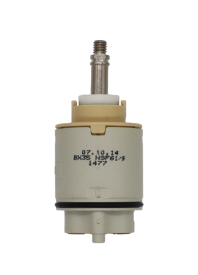 Grey and tan plastic cartridge with white limit stop metal screw type handle connection black rubber o-ring with red rubber bottom seals.