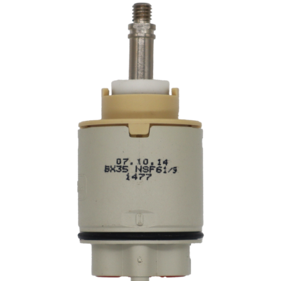 Grey and tan plastic cartridge with white limit stop metal screw type handle connection black rubber o-ring with red rubber bottom seals.