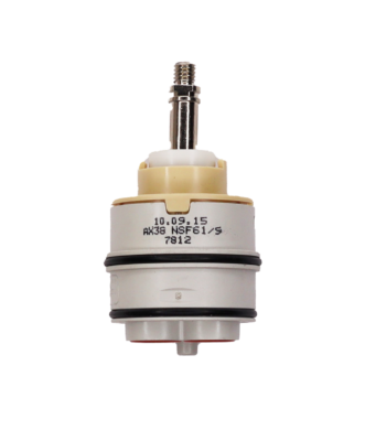 Grey plastic cartridge with tan and white top polished chrome screw type handle connection black rubber o-rings and red rubber seals.