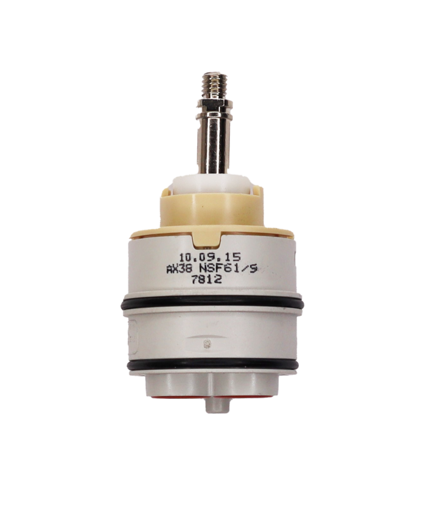 Grey plastic cartridge with tan and white top polished chrome screw type handle connection black rubber o-rings and red rubber seals.