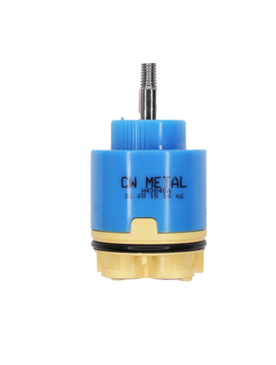 Bright light blue plastic cartridge with polished chrome joystick handle connection with black o-ring tan bottom with blue rubber o-rings.