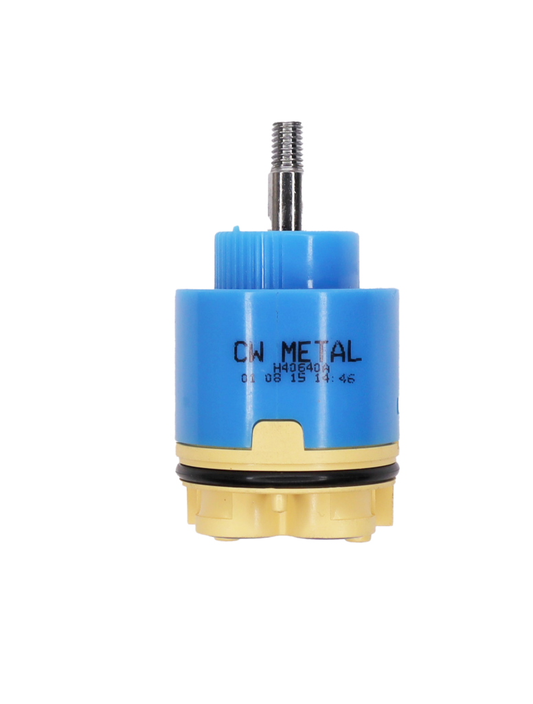 Bright light blue plastic cartridge with polished chrome joystick handle connection with black o-ring tan bottom with blue rubber o-rings.