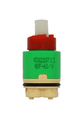 LIme green and tan plastic cartridgw with red limit stop with white square handle connection black rubber o-ring and grey rubber seals.