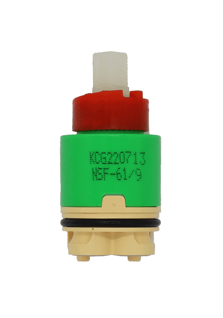 LIme green and tan plastic cartridgw with red limit stop with white square handle connection black rubber o-ring and grey rubber seals.
