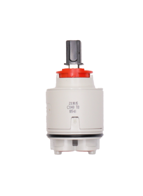 Grey plastic cartridge red limit stop with black handle connection awith black rubber o-ring and red rubber seals.