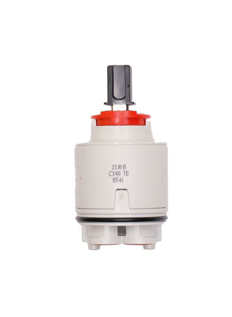 Grey plastic cartridge red limit stop with black handle connection awith black rubber o-ring and red rubber seals.