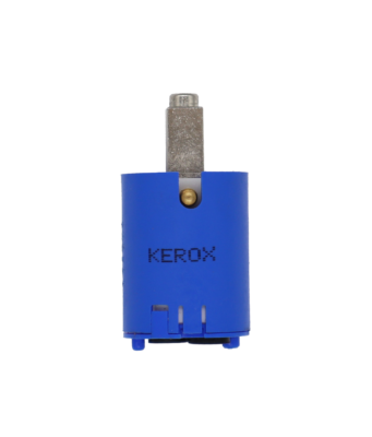 Bright blue plastic cartridge with metal handle connection black rubber rings and kerox stamped on it.