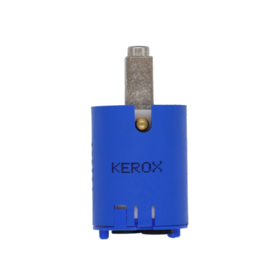 Bright blue plastic cartridge with metal handle connection black rubber rings and kerox stamped on it.