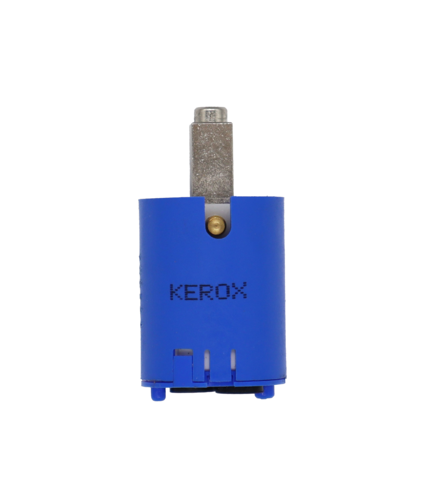 Bright blue plastic cartridge with metal handle connection black rubber rings and kerox stamped on it.