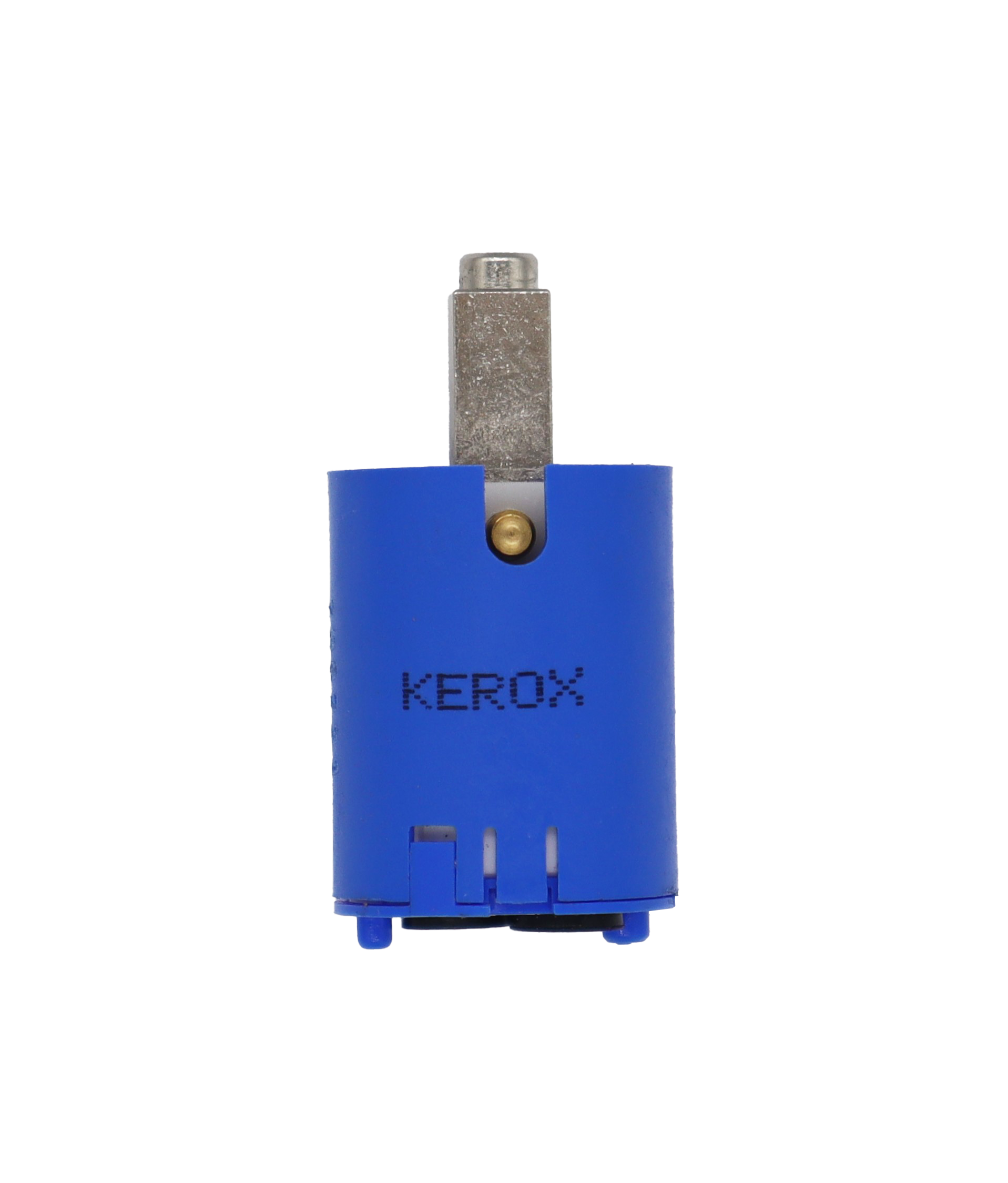 Bright blue plastic cartridge with metal handle connection black rubber rings and kerox stamped on it.