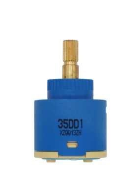 Blue and tan plastic cartridge with brass handle connection and blue rubber seal.