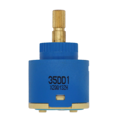 Blue and tan plastic cartridge with brass handle connection and blue rubber seal.