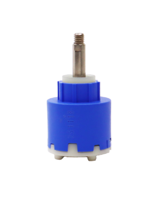 Bright blue plastic cartridge with white top and stainless screw type handle connection with black rubber bottom seal.