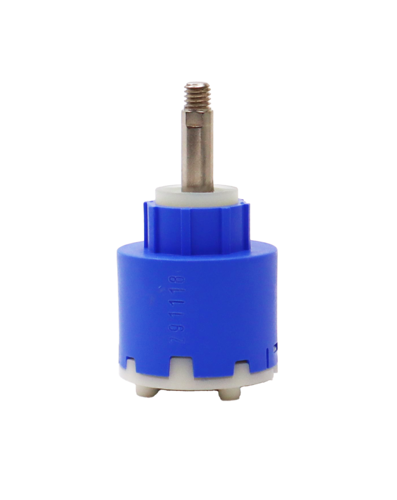 Bright blue plastic cartridge with white top and stainless screw type handle connection with black rubber bottom seal.