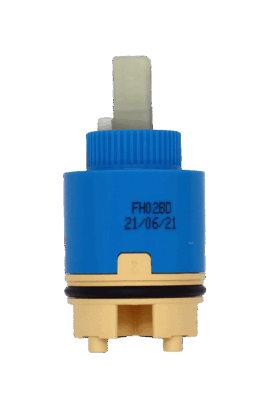 FH02BD Bright blue plastic cartridge with white square plastic handle connection, tan bottom and black o-rings.