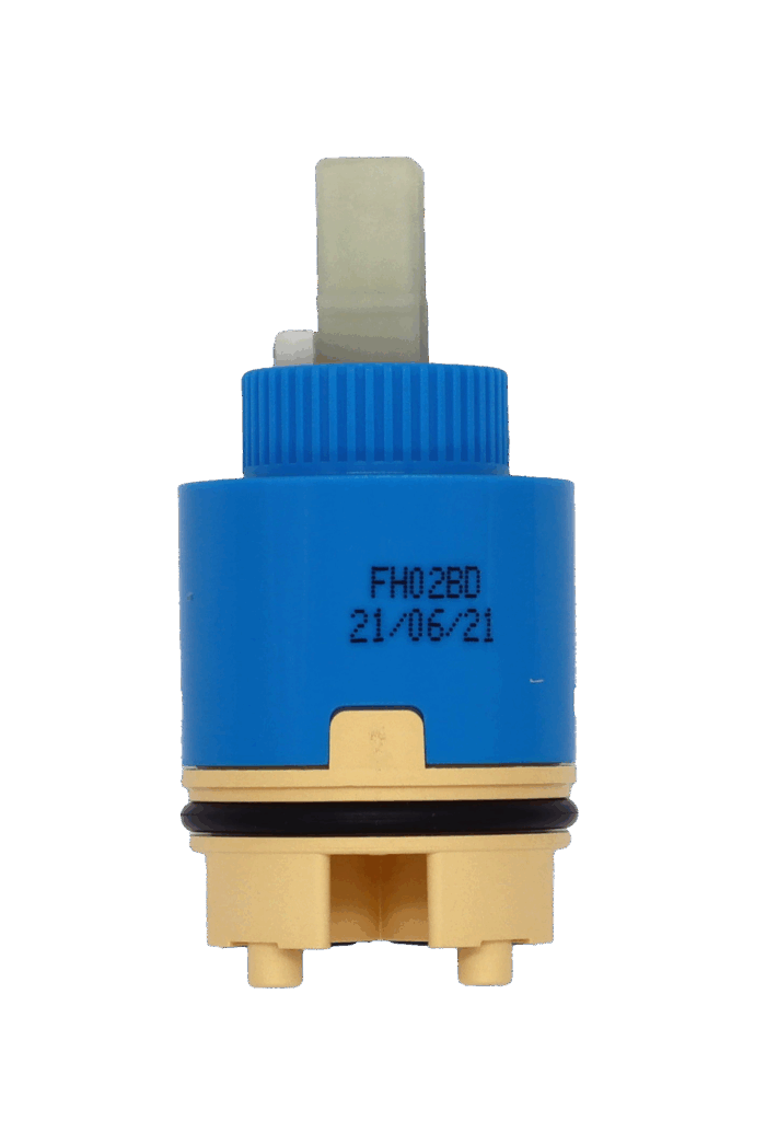FH02BD Bright blue plastic cartridge with white square plastic handle connection, tan bottom and black o-rings.