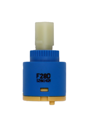 Blue and tan cartridge with white square handle connection with blue rubber seal.
