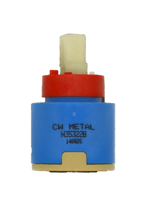 Blue and tan plastic cartridge with red limit stop square white handle connection with rubber bottom seal.