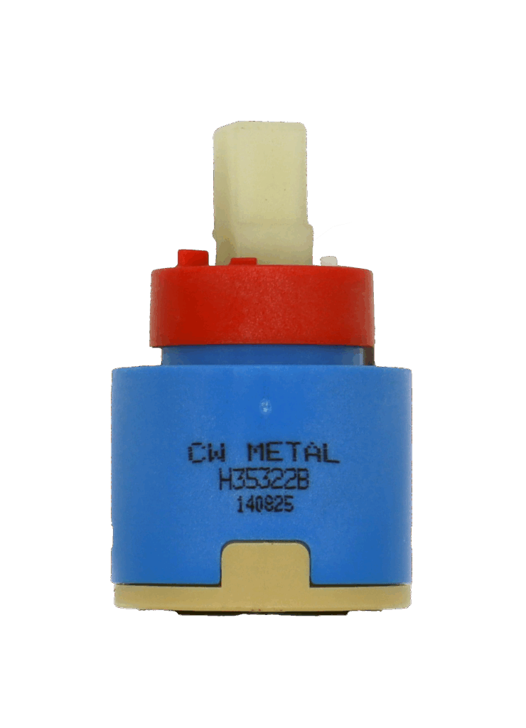 Blue and tan plastic cartridge with red limit stop square white handle connection with rubber bottom seal.