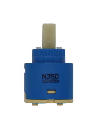 Blue and tan plastic cartridge with white square handle connection and blue rubber seal.