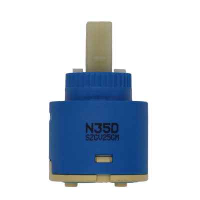 Blue and tan plastic cartridge with white square handle connection and blue rubber seal.