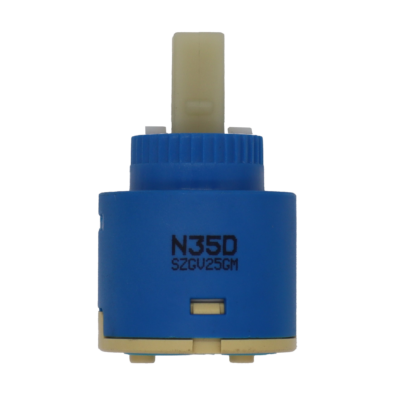 Blue and tan plastic cartridge with white square handle connection and blue rubber seal.