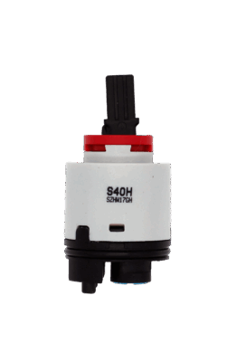 Grey and black plastic cartridge with red limit stop with black square handle connection with black rubber o-ring and blue rubber seals.