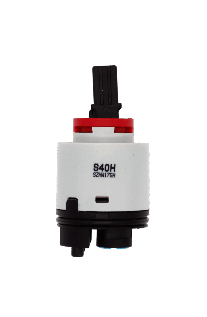 Grey and black plastic cartridge with red limit stop with black square handle connection with black rubber o-ring and blue rubber seals.