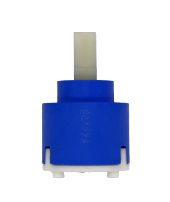 Bright blue plastic cartridge with white square handle connection with a white bottom and red seal.