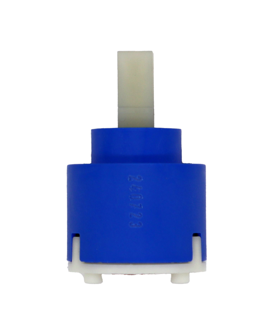 Bright blue plastic cartridge with white square handle connection with a white bottom and red seal.
