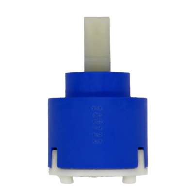 Bright blue plastic cartridge with white square handle connection with a white bottom and red seal.