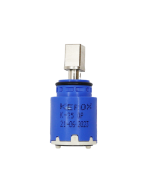 Bright blue plastic cartridge body with square metal handle broach with a white bottom and black o-ring.