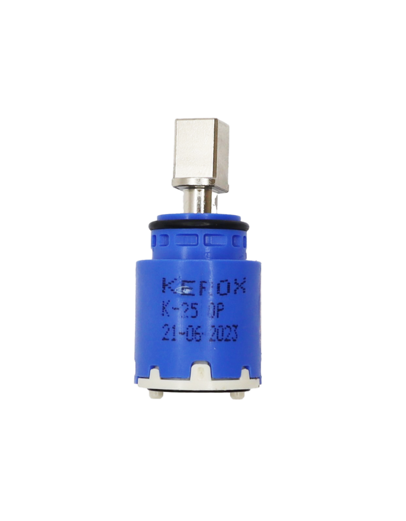 Bright blue plastic cartridge body with square metal handle broach with a white bottom and black o-ring.
