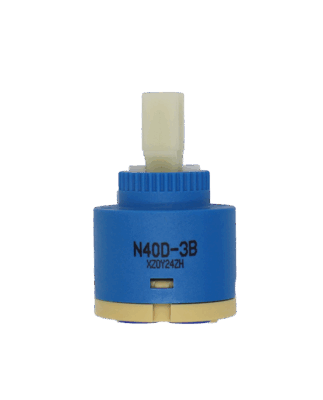 Bright blue plastic cartridge with white square plastic handle connection tan bottom with blue rubber o-rings.