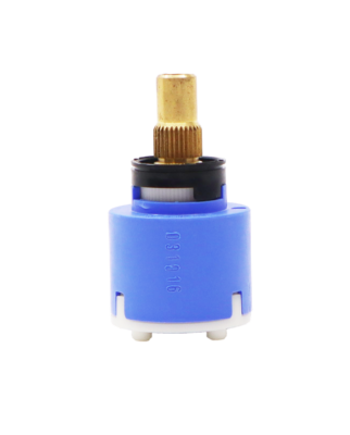 Blue and white plastic cartridgw with black limit stop with a brass stem and red red rubber seal.
