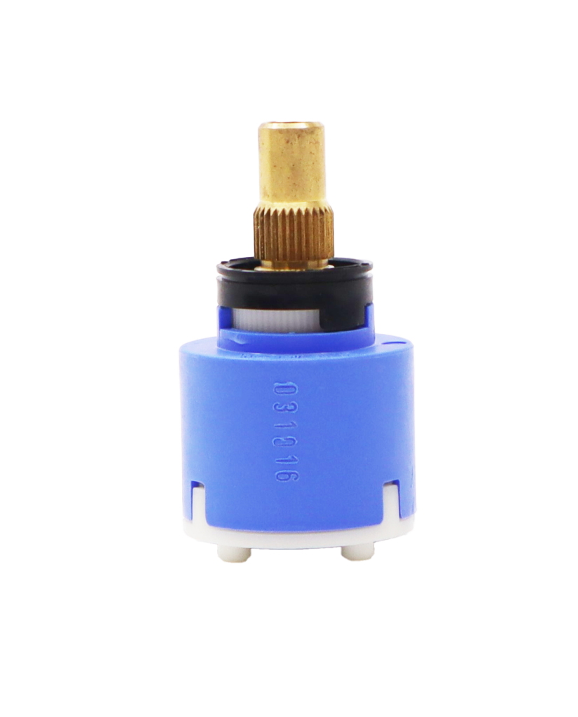 Blue and white plastic cartridgw with black limit stop with a brass stem and red red rubber seal.