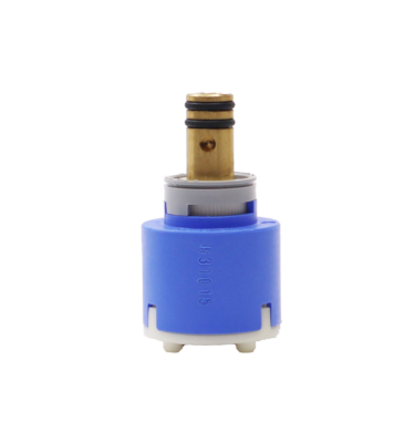 Bright blue plastic cartridge with grey limit stop with brass handle connection with black o-rings red bottom seal.