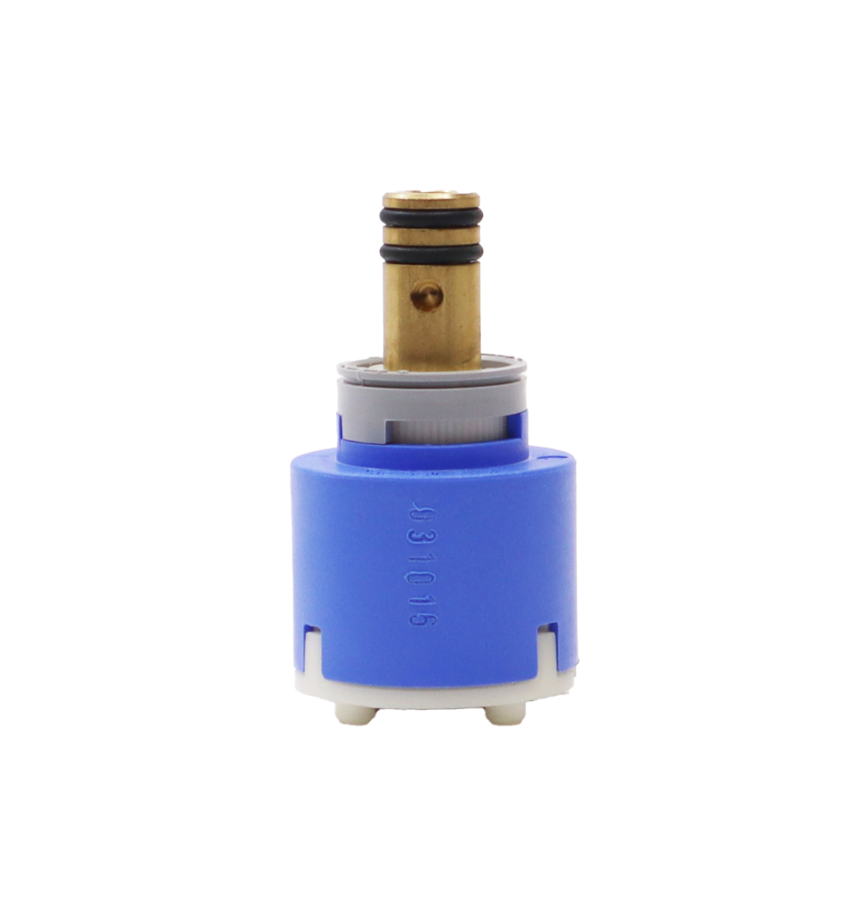 Bright blue plastic cartridge with grey limit stop with brass handle connection with black o-rings red bottom seal.