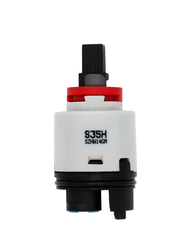 Grey and black plastic cartridge with red limit stop square handle connection black rubber o-ring and blue rubber seals.