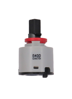 Grey plastic cartridge with red limit stop black square handle connection with black bottom and grey rubber seal.