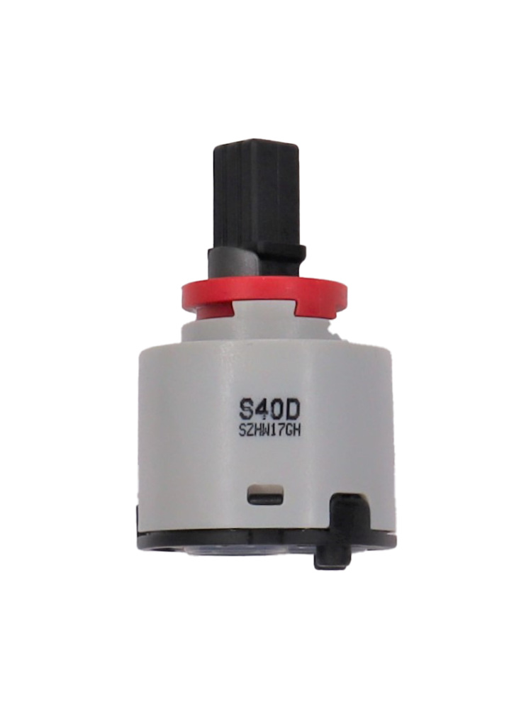 Grey plastic cartridge with red limit stop black square handle connection with black bottom and grey rubber seal.
